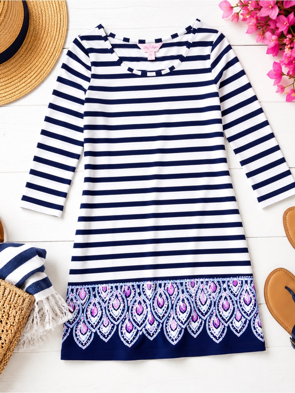 Lilly Pulitzer XS Navy White Stripe Shift Dress Peacock Hem 3/4 Sleeve